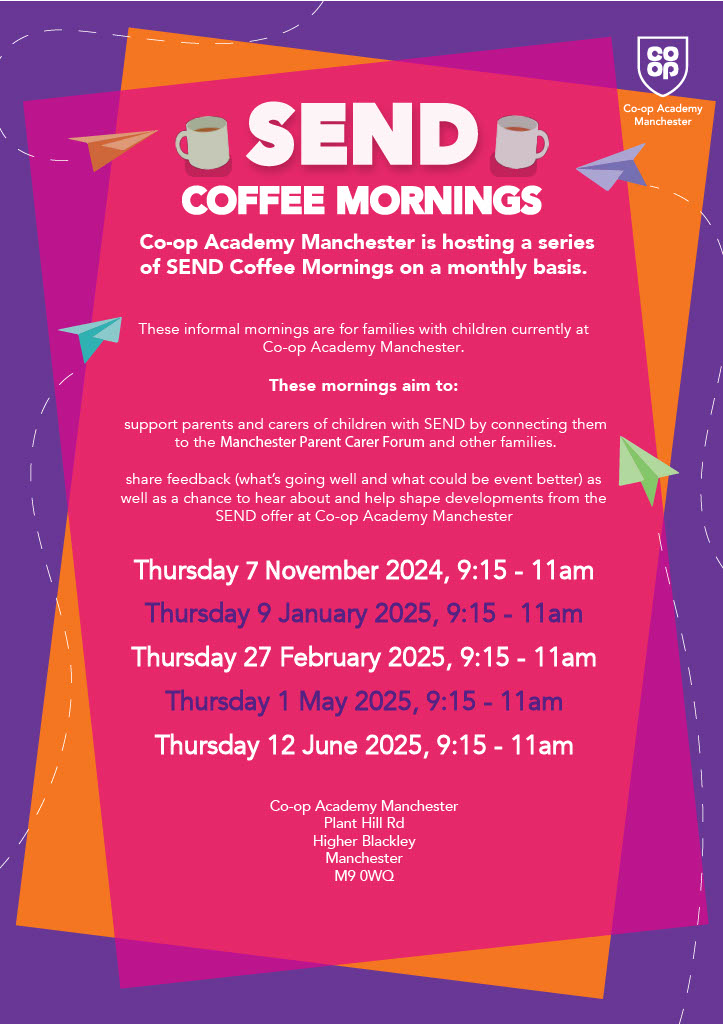 Poster advertising our SEND parents coffee mornings