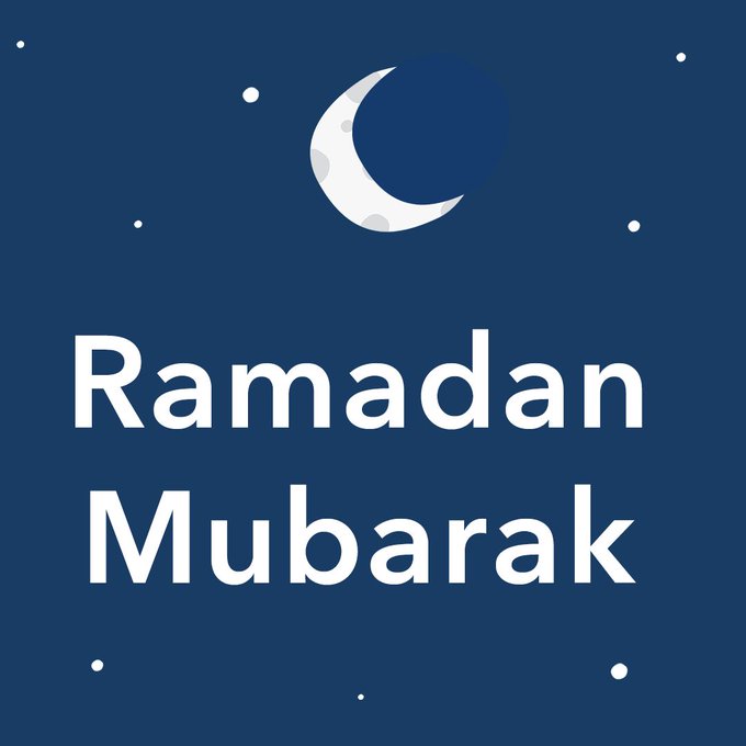 Image with the text Ramadan Mubarak and showing a night sky with a crescent moon